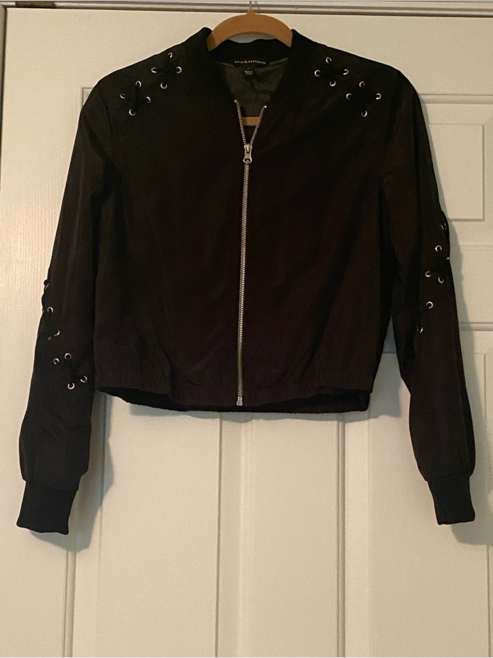 Rock & Republic Black Bomber Jacket with Grommet & Lace-Up Details - Size Small